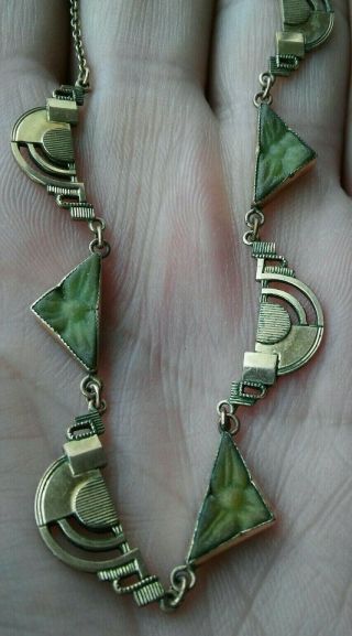 Vintage Art Deco Jewellery Geometric Green Glass Rolled Gold Choker Necklace