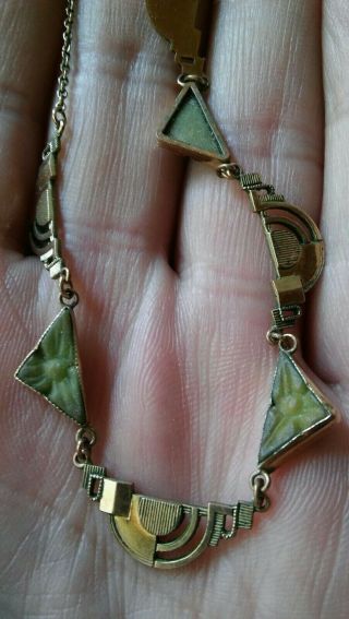 Vintage Art Deco Jewellery Geometric Green Glass Rolled Gold Choker Necklace 2