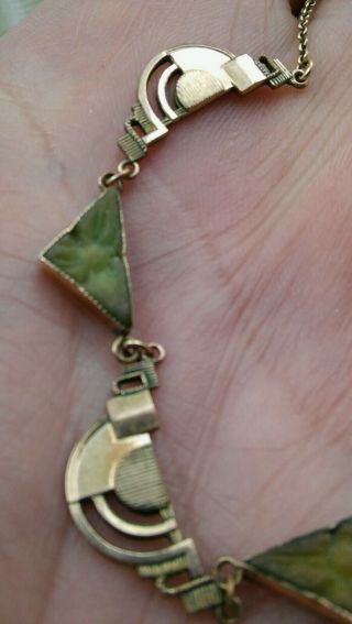 Vintage Art Deco Jewellery Geometric Green Glass Rolled Gold Choker Necklace 4