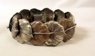 Vintage Arts & Crafts Copper And White Metal Leaves Modernist Link Bracelet