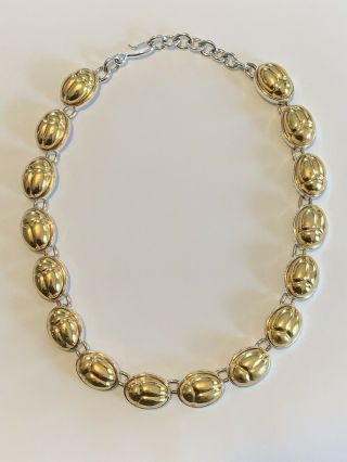 Vintage Signed Monet Scarab Egyptian Necklace Goldtone & Silvertone 18” Long