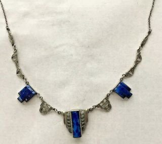 Vintage White Metal Art Deco Stlye Necklace With Lapis Lazuli