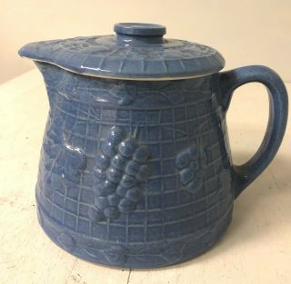 Vintage Uhl Blue Salt Glazed Pottery Pitcher & Lid With Grapes & Leaves