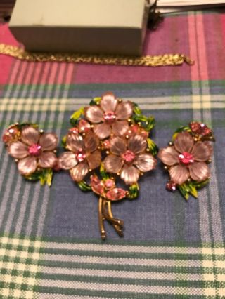 Vintage Pink Floral Rhinestone Brooch And Clip On Earrings - Retro Style Unusual