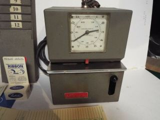 Vtg Lathem Time Recorder Clock Machine /Time Card Holder/card/xtra ribbon/key 2