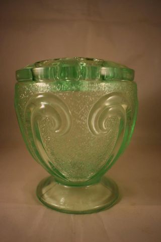 Vintage Bagley Art Deco Green Glass Posy Vase & Flower Frog