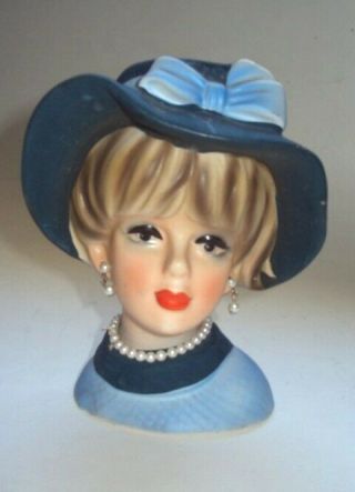 Vintage Lady Head Vase W/ Blue Hat Pearls & Blonde Hair / 6 Inch / Japan