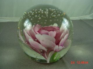 Vintage Glass Paperweight Pink Flower 3 " Diameter Globe Air Bubbles