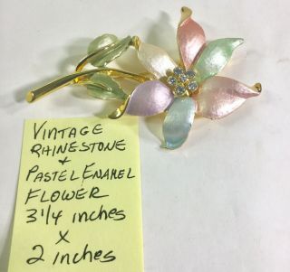 Vintage Pastel Enamel And Rhinestone Flower Brooch 3 1/4 In By 2 In