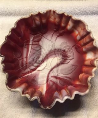 Vintage Imperial Red Slag Glass Crimped Bowl American Beauty Rose
