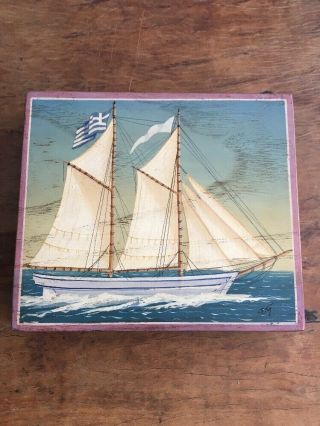 Small Vintage Folk Art Painting Of A Sailing Ship On Hardwood Signed