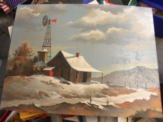 Vintage Paint By Number Old Homestead Cabin Windmill Snow Mountain Scene 24 X 18