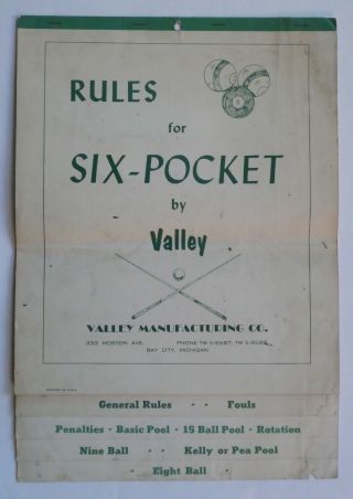 Vintage Collectable Brochure “rules For Six - Pocket” Various Pool Games