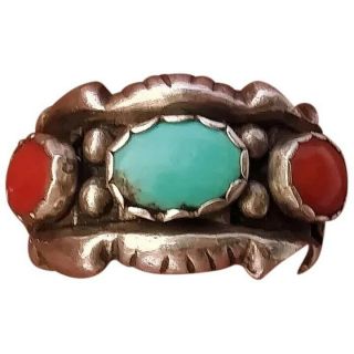 Vintage Sterling Silver Navajo Native American Ring With Turquoise & Coral Stone