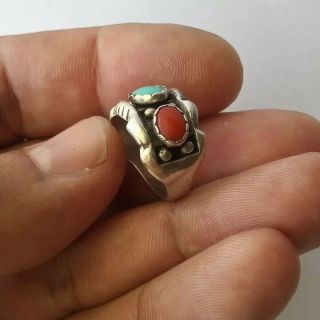 Vintage Sterling Silver Navajo Native American Ring With Turquoise & Coral Stone 3