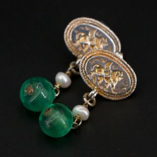 Vtg Sterling Silver - Persian Griffin Lion Pearl Glass Bead Dangle Earrings - 8g