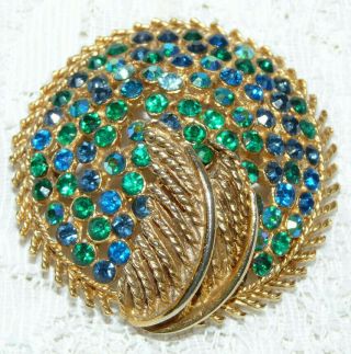 Vintage Coro Blue Green Rhinestone Domed Brooch/pin Ll05
