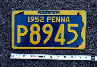 1952 Yom (single Year) Pennsylvania License Plate Tag Number P8945 Vintage Pa