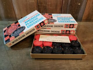 4 Boxes Vintage Halsam American Interlocking Plastic Checkers 614/30 Nos