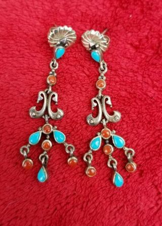 Vtg Native American Sterling Silver 925 Petit Point Turquoise & Coral Earrings