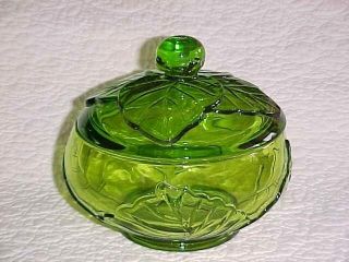 Vintage Viking Glass Green Leaf Covered Candy Dish Bowl 1977 40,  Years