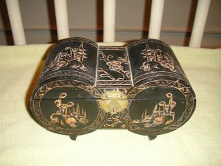 Vintage Japanese Or Chinese Wood Trinket Jewelry Box - Engraved Art - Unique Shape