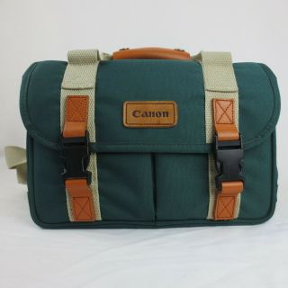 Vintage Retro Canon Green & Tan Canvas Camera Bag W/ Shoulder Strap Euc