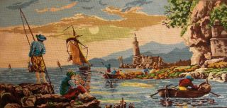 Vintage Completed Needlepoint Fishing Harbor The Old Port Sailboat 44 " X20 "