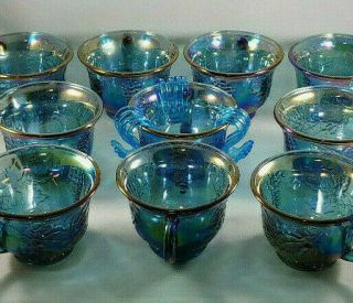 Vtg Blue Iridescent Carnival Glass Harvest Grape Indiana 10 Punch Bowl Cups Hook