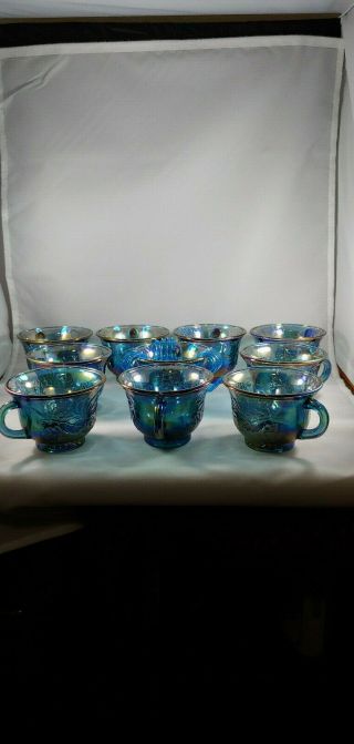 Vtg Blue Iridescent Carnival Glass Harvest Grape Indiana 10 Punch Bowl Cups Hook 2