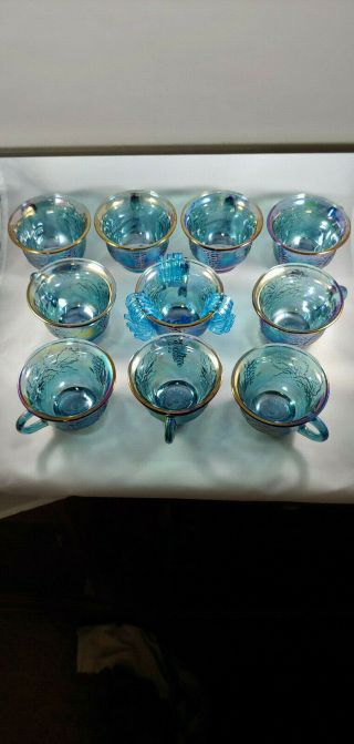 Vtg Blue Iridescent Carnival Glass Harvest Grape Indiana 10 Punch Bowl Cups Hook 3
