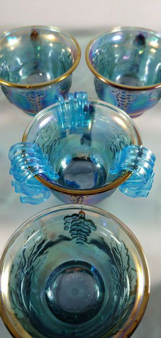 Vtg Blue Iridescent Carnival Glass Harvest Grape Indiana 10 Punch Bowl Cups Hook 4