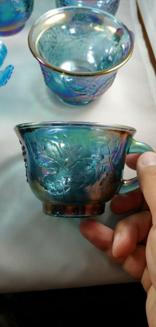Vtg Blue Iridescent Carnival Glass Harvest Grape Indiana 10 Punch Bowl Cups Hook 5