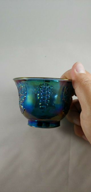 Vtg Blue Iridescent Carnival Glass Harvest Grape Indiana 10 Punch Bowl Cups Hook 6