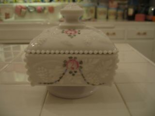 Vintage Westmoreland Hand Painted Roses Milk Glass Candy Dish With Lid