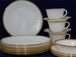 16 Pc.  Vintage Fire King Shell Swirl Plates Cups Saucers Berry Bowl Gold Trim