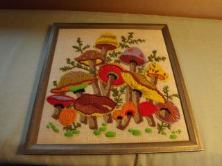 Vintage Crewel Embroidery Picture Mushrooms Framed 13 " X13 "