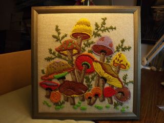 Vintage Crewel Embroidery Picture Mushrooms Framed 13 