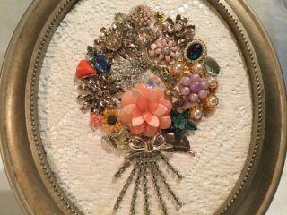 Vintage Jewelry Flower Bouquet Picture In Standing Oval Frame