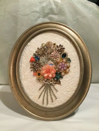 Vintage Jewelry Flower Bouquet Picture In Standing Oval Frame 2