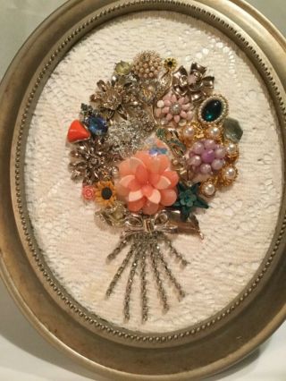 Vintage Jewelry Flower Bouquet Picture In Standing Oval Frame 3