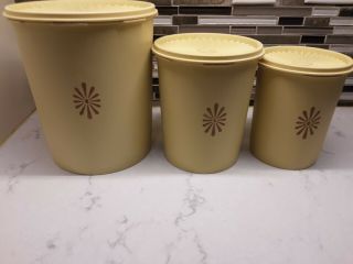 Set Of 3 Tupperware Servalier Canisters Containers Vintage Yellow W/ Lids