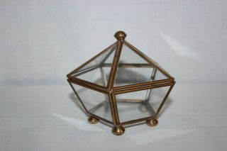 Vintage Brass Glass Hinged Jewelry Trinket Curio Display Box Footed Pentagon