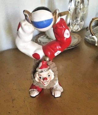 Adorable Vintage Porcelain Circus Clown Figurine Handstand Holding A Ball Japan