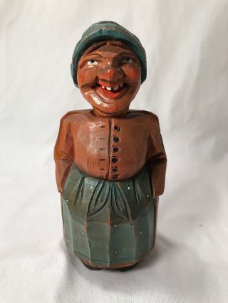 Vintage Anri Wood Hand Carved Folk Art Hidden Bottle Opener Rustic Lady Figurine