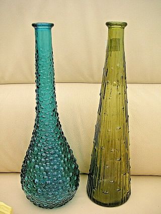 2 X Vintage Mid - Century Blue / Green Glass Bubble Genie Bottles No Stoppers
