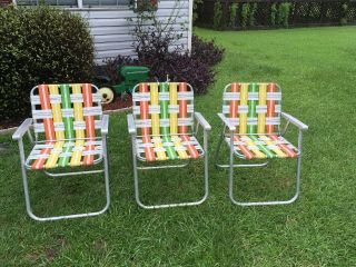 3 Vintage All Aluminum Folding Webbed Lawn Chair Green Yellow Orange White Euc