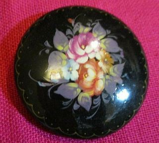 Vintage Russian Round Black Lacquer Hand Painted Floral Pin Brooch Signed
