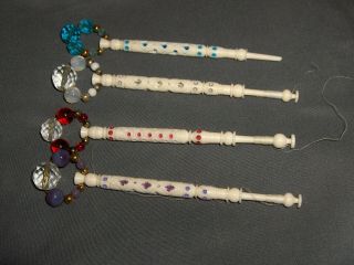 4 Vintage White Wood Turned Lace Making Bobbins Decorative Beads Color Cut - Outs