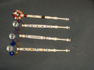 4 Vintage White Wood Turned Lace Making Bobbins Decorative Beads Cut - Outs